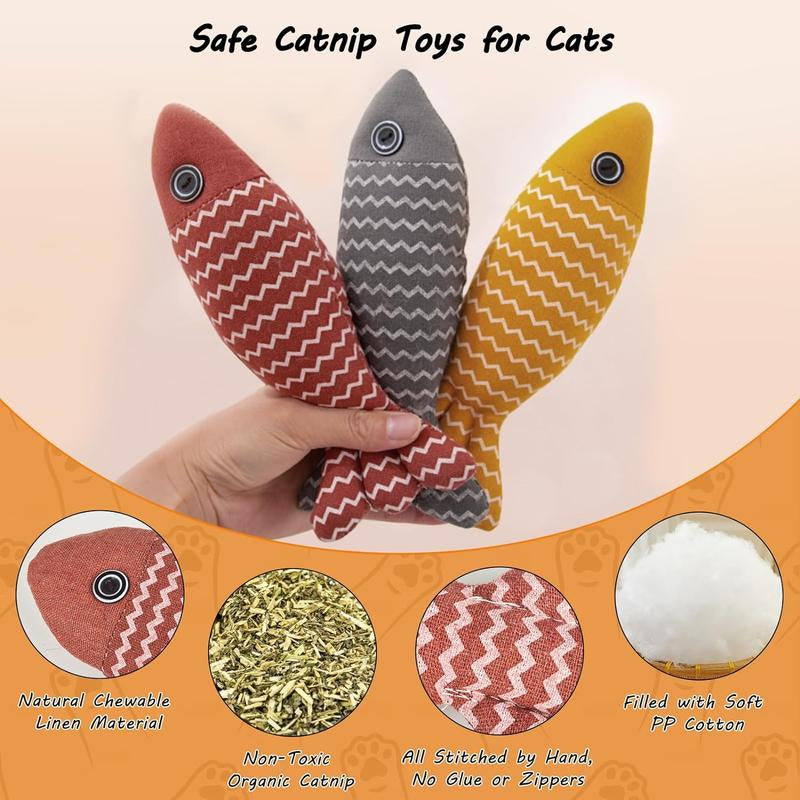 Petdays 3Pcs Interactive Catnip Fish Toys, Crinkle Sound Toys Soft Linen, Cat Kicker, Indoor Kitty Kitten Exercise Toys