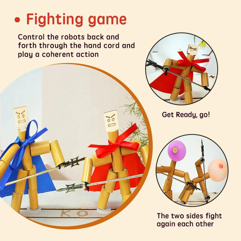 Nautydaddy Bamboo Robots Fighting Game Set for Kids & Adults - 2 Robots, Wooden Arena, Weapons, Stickers, Balloons, Control Ropes - Classic Kungfu Style - Perfect Gift for Christmas, Birthdays