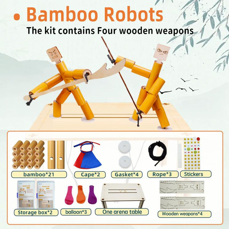 Nautydaddy Bamboo Robots Fighting Game Set for Kids & Adults - 2 Robots, Wooden Arena, Weapons, Stickers, Balloons, Control Ropes - Classic Kungfu Style - Perfect Gift for Christmas, Birthdays