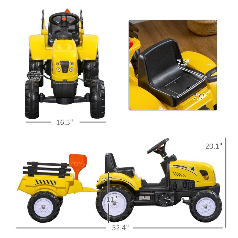 Aosom Kids Ride on Farm Tractor, Manual Pedal Ride on Car with Back Storage Trailer, Shovel & Rake, Horn for Age 3 Years Old, Yellow