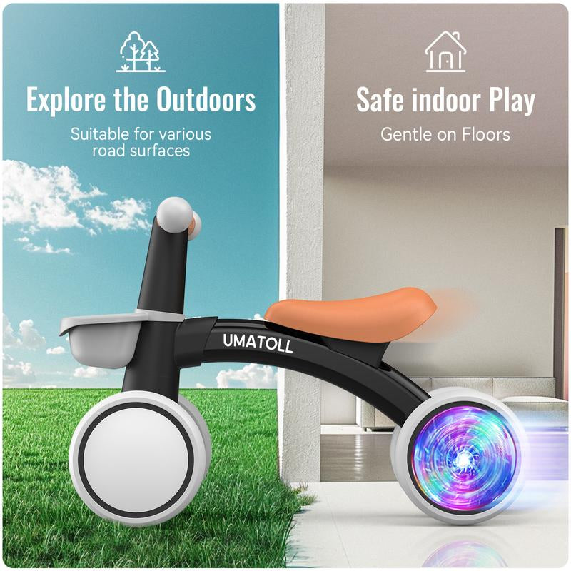 Umatoll Colorful Lighting Baby Balance Bike Toys for 1 Year Old Boys Christmas Gifts, Adjustable Seat Baby Walker, One Year Old Boy Birthday Gifts, 12-24 Months Toddler First Ride on Toys with Removable Basket，Kids Stuff for Boys