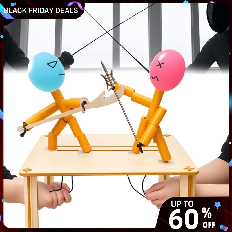 Nautydaddy Bamboo Robots Fighting Game Set for Kids & Adults - 2 Robots, Wooden Arena, Weapons, Stickers, Balloons, Control Ropes - Classic Kungfu Style - Perfect Gift for Christmas, Birthdays