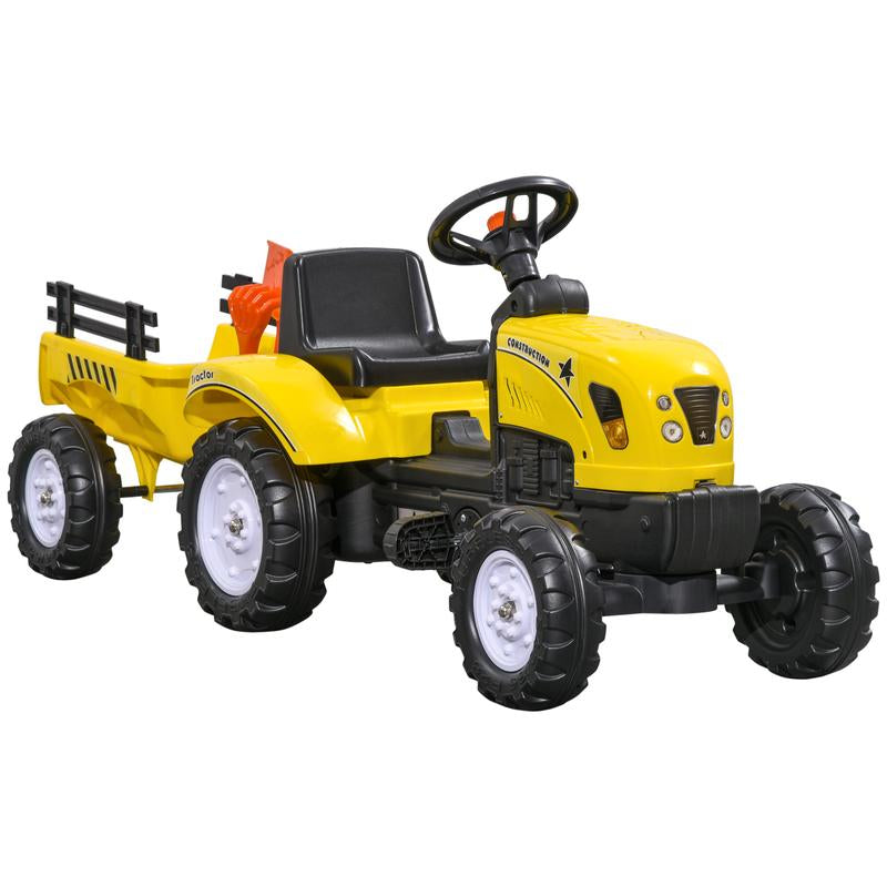 Aosom Kids Ride on Farm Tractor, Manual Pedal Ride on Car with Back Storage Trailer, Shovel & Rake, Horn for Age 3 Years Old, Yellow