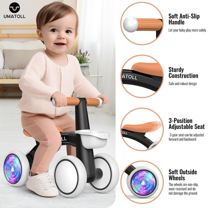 Umatoll Colorful Lighting Baby Balance Bike Toys for 1 Year Old Boys Christmas Gifts, Adjustable Seat Baby Walker, One Year Old Boy Birthday Gifts, 12-24 Months Toddler First Ride on Toys with Removable Basket，Kids Stuff for Boys