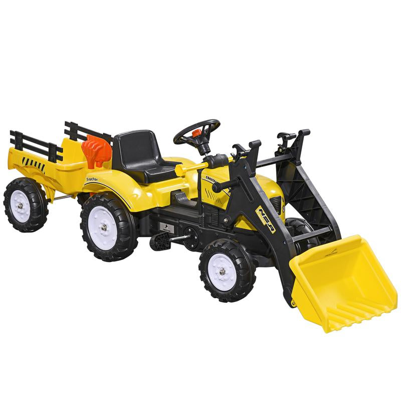 Aosom Kids Ride on Farm Tractor, Manual Pedal Ride on Car with Back Storage Trailer, Shovel & Rake, Horn for Age 3 Years Old, Yellow