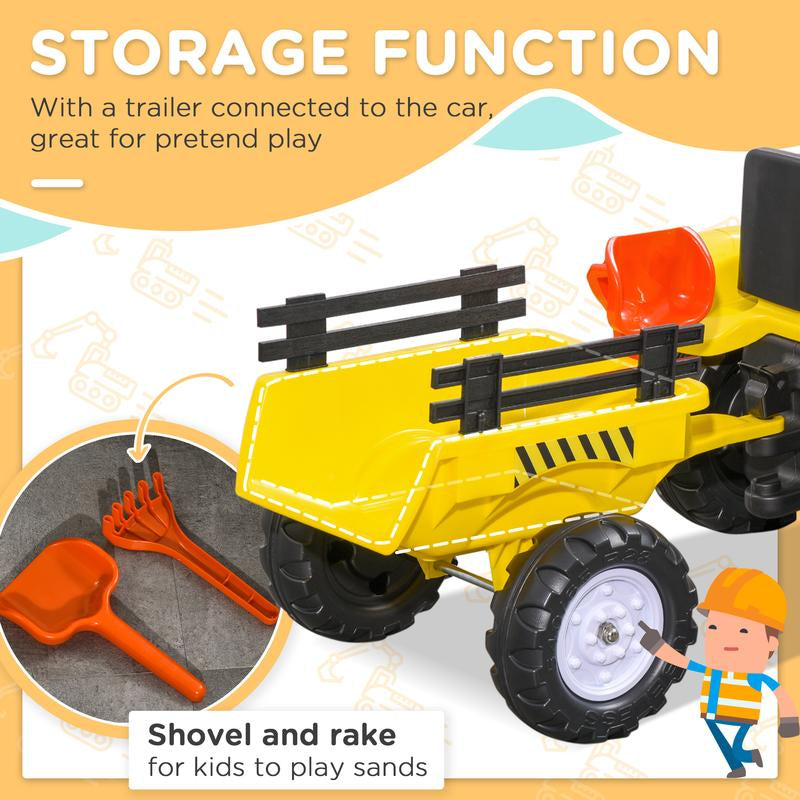 Aosom Kids Ride on Farm Tractor, Manual Pedal Ride on Car with Back Storage Trailer, Shovel & Rake, Horn for Age 3 Years Old, Yellow